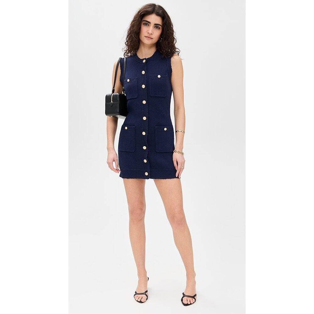 NEW Reformation Catalina Rib Cotton Faux Gold-Tone Button Mini Dress Navy Large - Picture 2 of 13